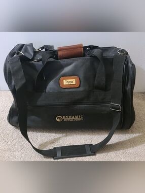 Lynx - Black Leather Travel Sport Gym Duffel Duffle Bag with Shoulder Strap